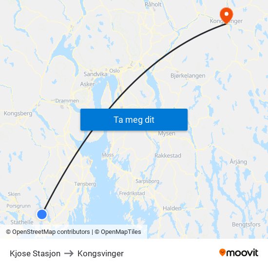 Kjose Stasjon to Kongsvinger map