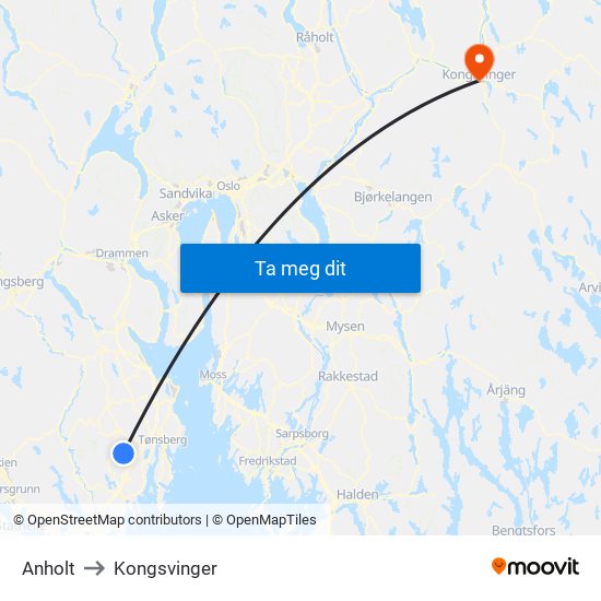 Anholt to Kongsvinger map