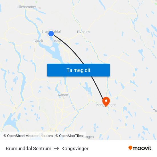 Brumunddal Sentrum to Kongsvinger map