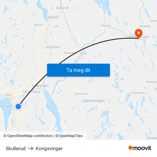 Skullerud to Kongsvinger map