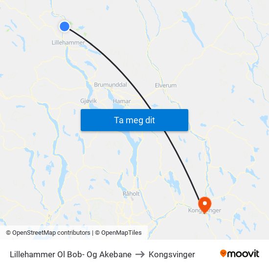 Lillehammer Ol Bob- Og Akebane to Kongsvinger map