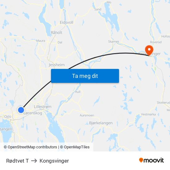 Rødtvet T to Kongsvinger map