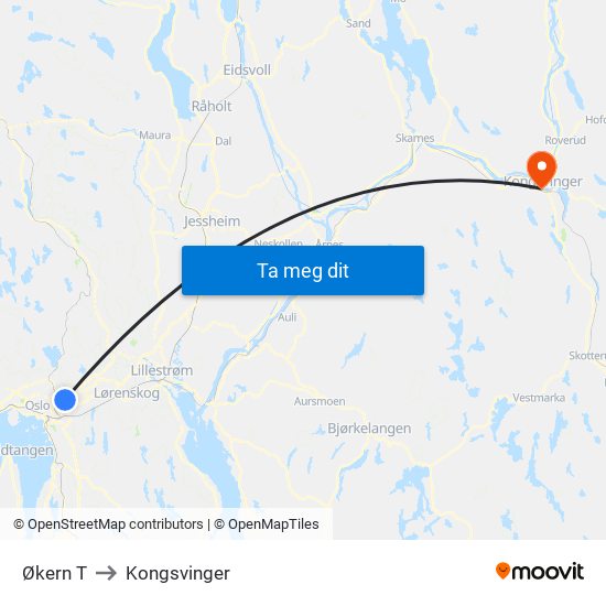 Økern T to Kongsvinger map