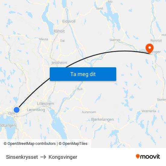 Sinsenkrysset to Kongsvinger map