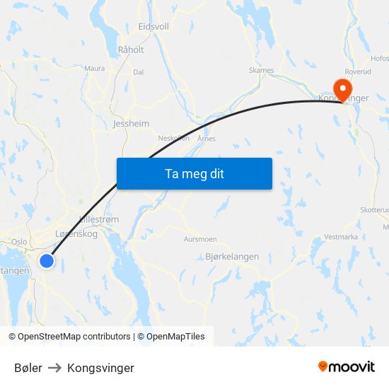 Bøler to Kongsvinger map