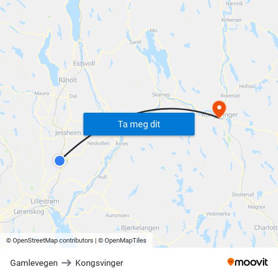 Gamlevegen to Kongsvinger map