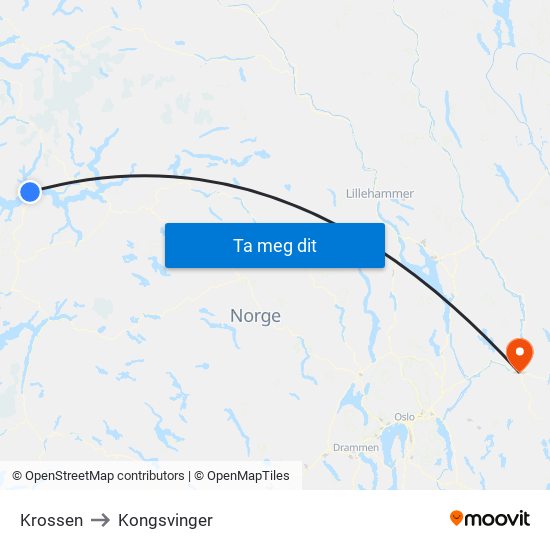 Krossen to Kongsvinger map
