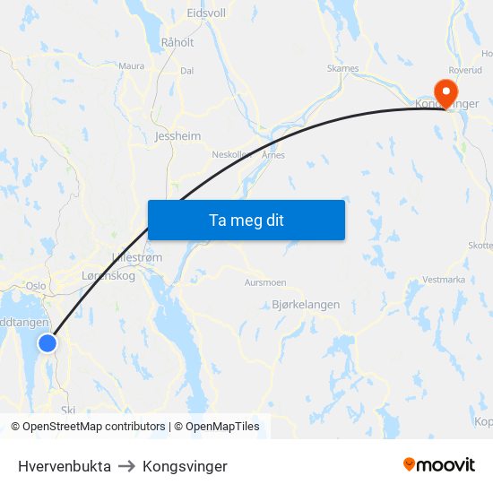 Hvervenbukta to Kongsvinger map