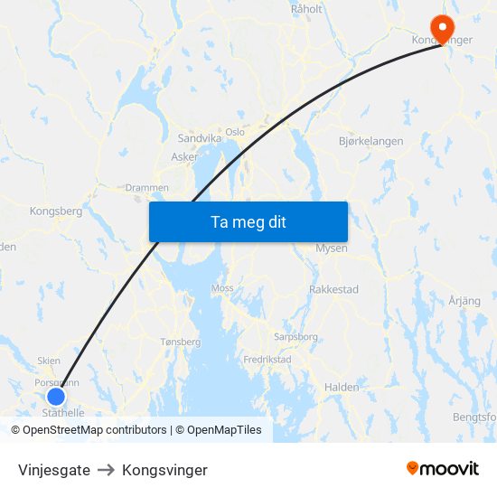 Vinjesgate to Kongsvinger map
