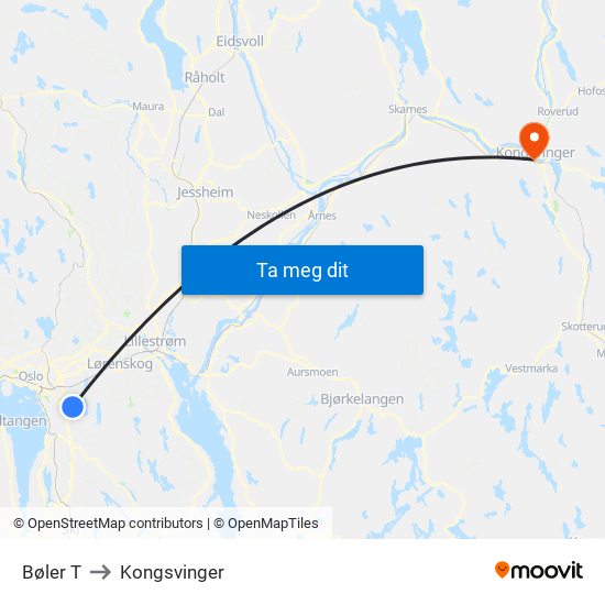 Bøler T to Kongsvinger map