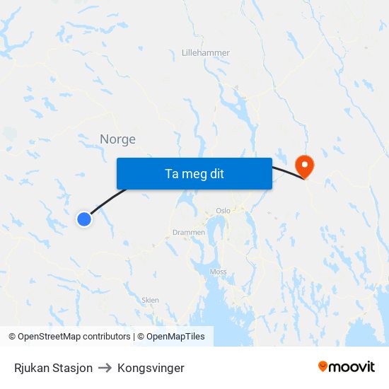 Rjukan Stasjon to Kongsvinger map