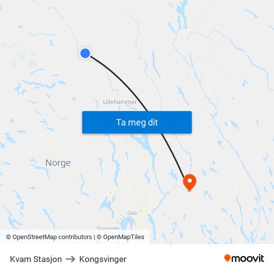 Kvam Stasjon to Kongsvinger map