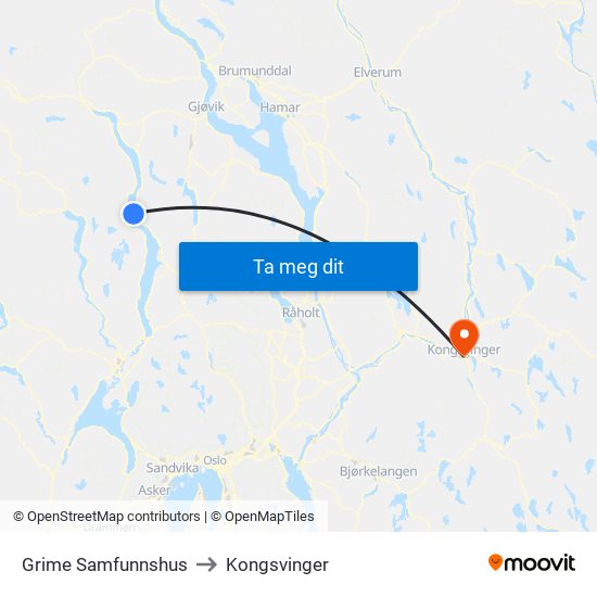 Grime Samfunnshus to Kongsvinger map