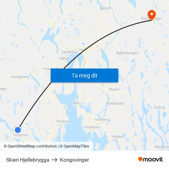 Skien Hjellebrygga to Kongsvinger map