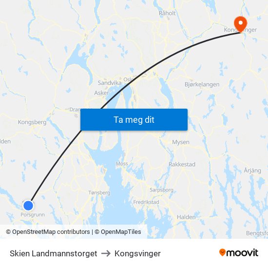 Skien Landmannstorget to Kongsvinger map