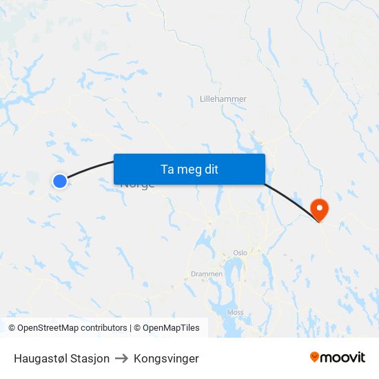 Haugastøl Stasjon to Kongsvinger map