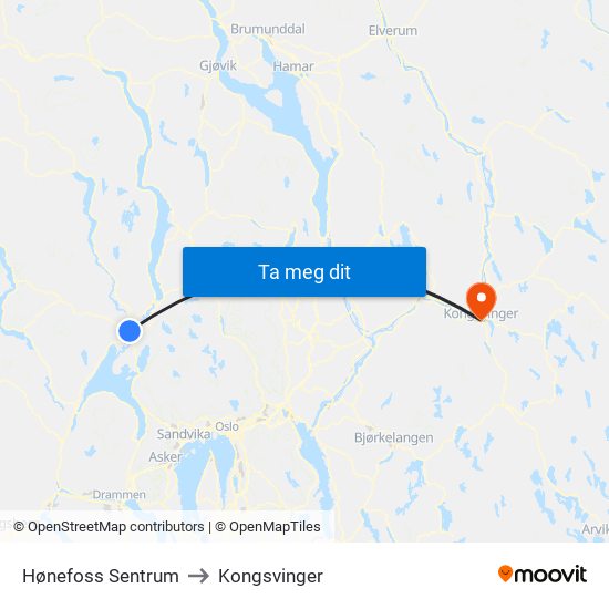 Hønefoss Sentrum to Kongsvinger map