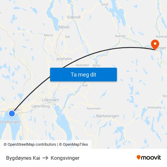 Bygdøynes Kai to Kongsvinger map