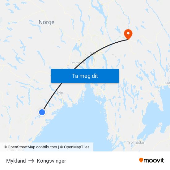 Mykland to Kongsvinger map