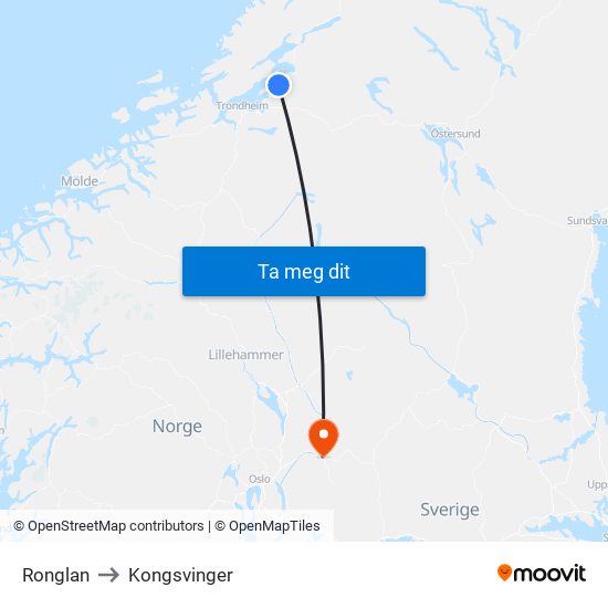 Ronglan to Kongsvinger map