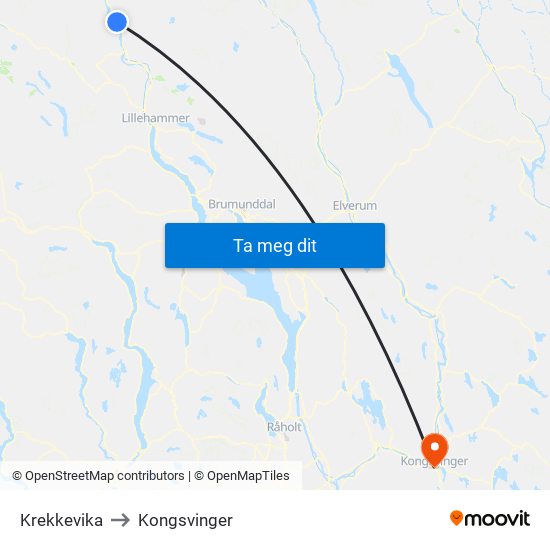 Krekkevika to Kongsvinger map