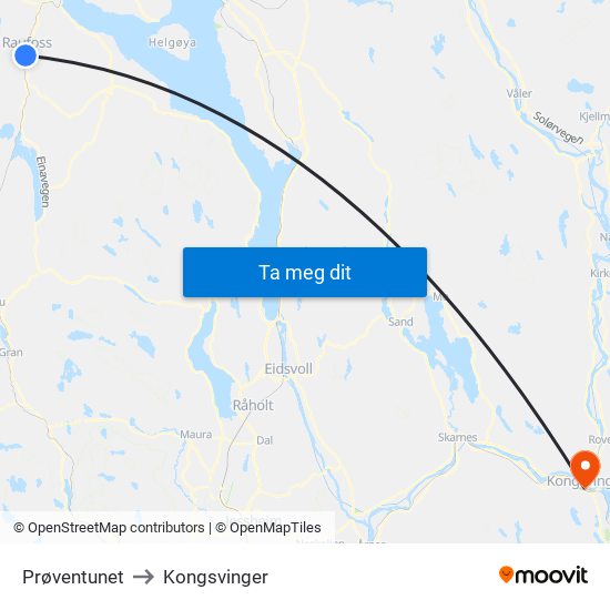 Prøventunet to Kongsvinger map