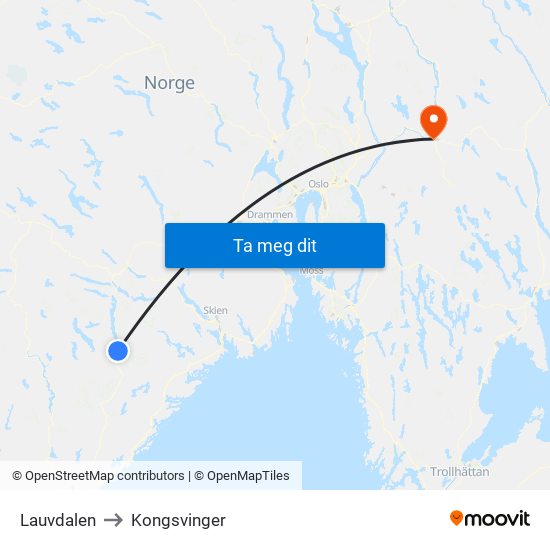 Lauvdalen to Kongsvinger map