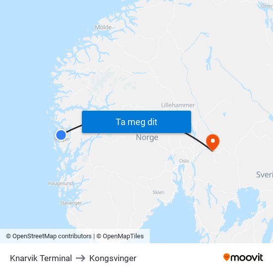 Knarvik Terminal to Kongsvinger map