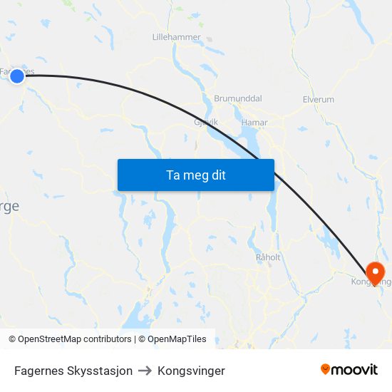 Fagernes Skysstasjon to Kongsvinger map