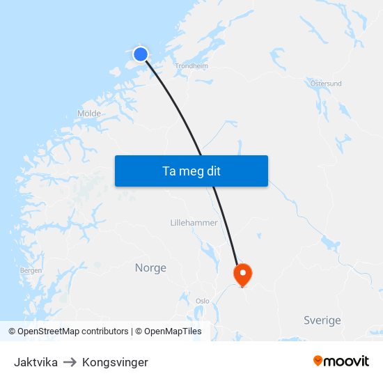 Jaktvika to Kongsvinger map