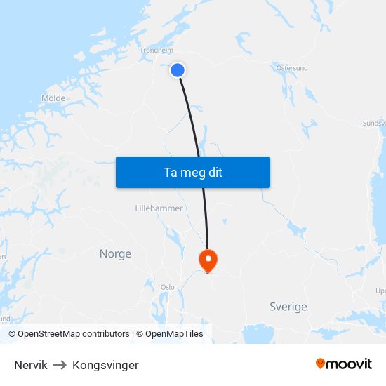 Nervik to Kongsvinger map