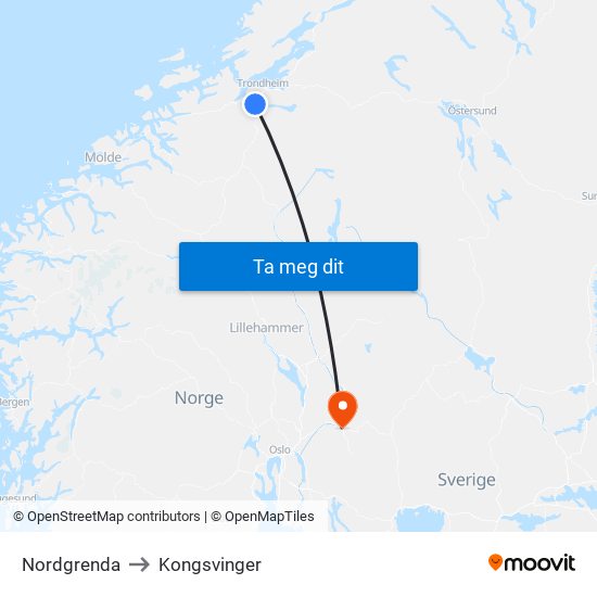 Nordgrenda to Kongsvinger map