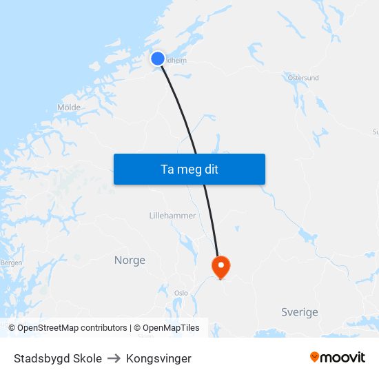 Stadsbygd Skole to Kongsvinger map