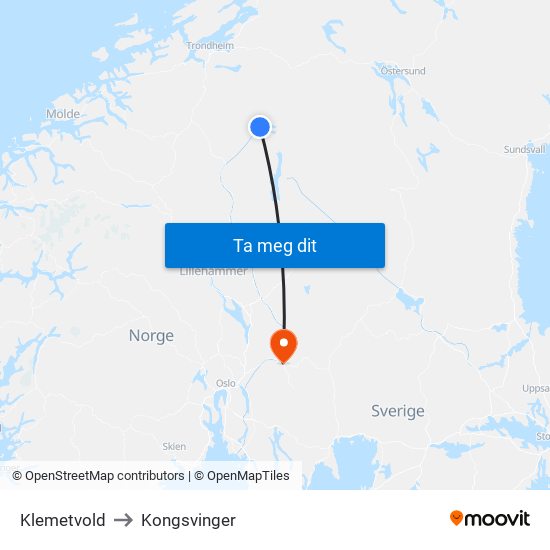 Klemetvold to Kongsvinger map