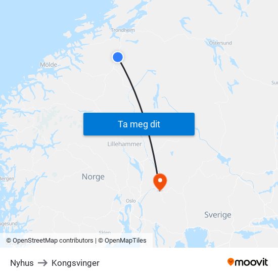 Nyhus to Kongsvinger map