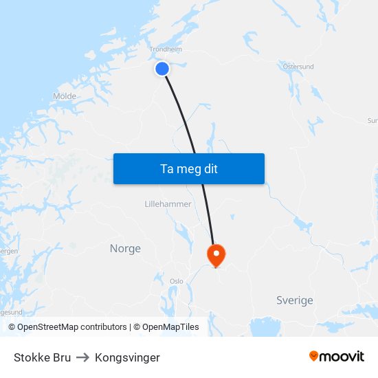 Stokke Bru to Kongsvinger map
