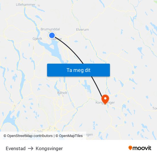 Evenstad to Kongsvinger map