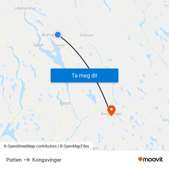 Putten to Kongsvinger map