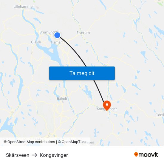 Skårsveen to Kongsvinger map