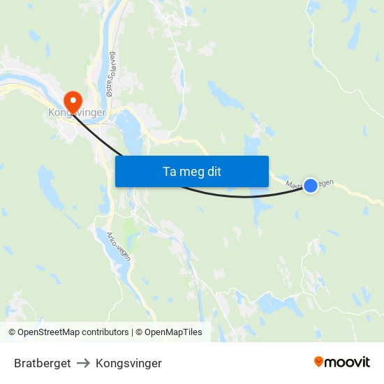 Bratberget to Kongsvinger map