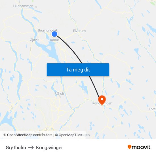 Grøtholm to Kongsvinger map