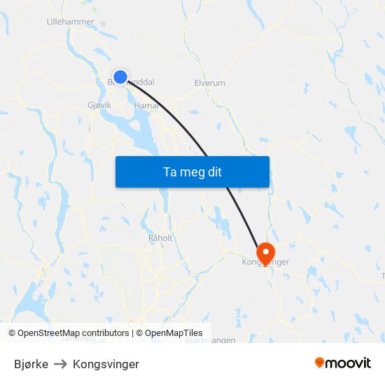 Bjørke to Kongsvinger map