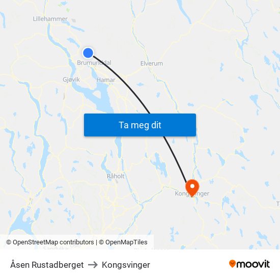 Åsen Rustadberget to Kongsvinger map