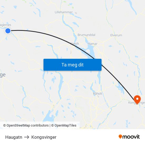 Haugatn to Kongsvinger map