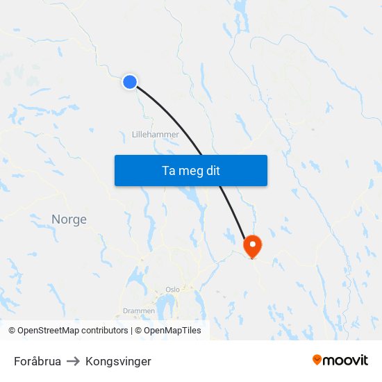 Foråbrua to Kongsvinger map