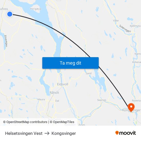 Helsetsvingen Vest to Kongsvinger map