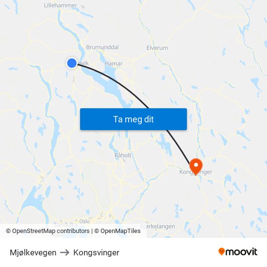 Mjølkevegen to Kongsvinger map