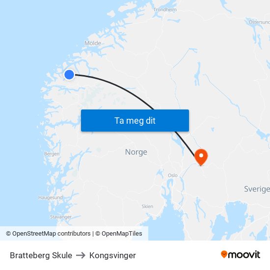 Bratteberg Skule to Kongsvinger map