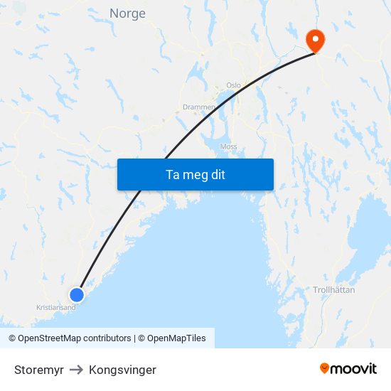 Storemyr to Kongsvinger map