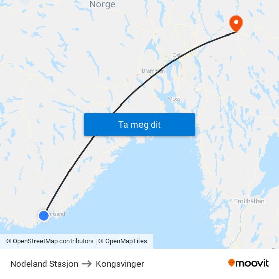 Nodeland Stasjon to Kongsvinger map